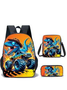 Juego de 3 mochilas escolares para niños y niñas, mochila con diseño de dinosaurio para estudiantes de escuela primaria, secundaria y preparatoria, con gran capacidad de 16 pulgadas, incluye bolsa para el hombro y estuche para lápices