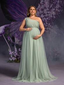 Faeriesty Dressalisa 优雅加大孕妇单肩不对称领口无袖网眼覆盖连衣裙，适合夏春场合（婚礼嘉宾、正式晚宴、花园派对、孕妇写真、晚会）
