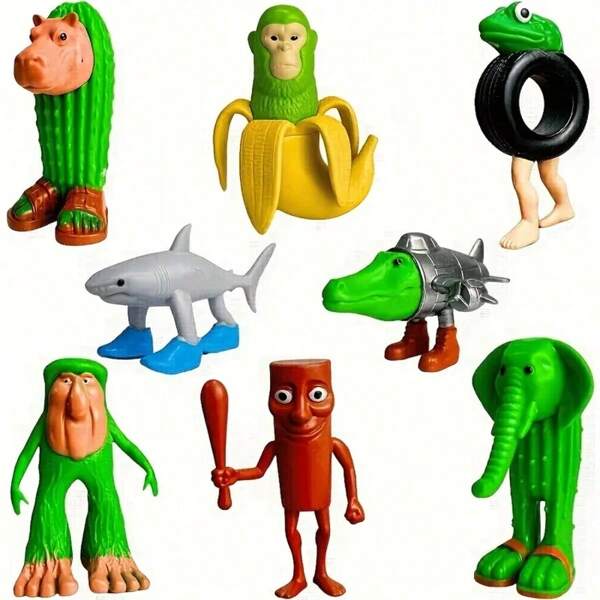 8pcs Tralalero Tralala Italian Meme Shark Figice - A Uniquely Designed Collection Of Fantastical Animals (Bananas, Elephants, Green Frogs, Sharks, Hippos) - Durable Plastic Office And Home Desktop Deco