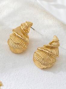 1 Pair Minimalist Seashell Textured Stud Earrings, Suitable For Beach Vacation/Daily Wear, Gold Jewelry