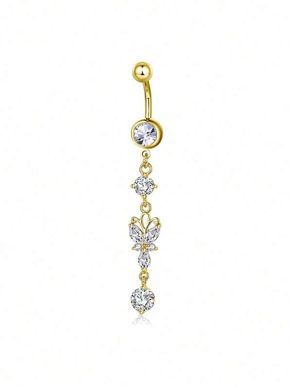 Navel Piercing Ring With Micro-Inlay Zirconia Stone, Gold Butterfly Navel Piercing Jewelry
