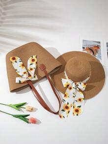 1 Women's Bohemian Style Vacation Hat + 1 Bag Set - Khaki Hat With Yellow Ribbon - View 3