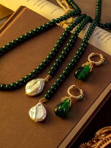 1 套祖母绿色串珠项链和耳环时尚首饰套装，优雅百搭，适合派对和场合