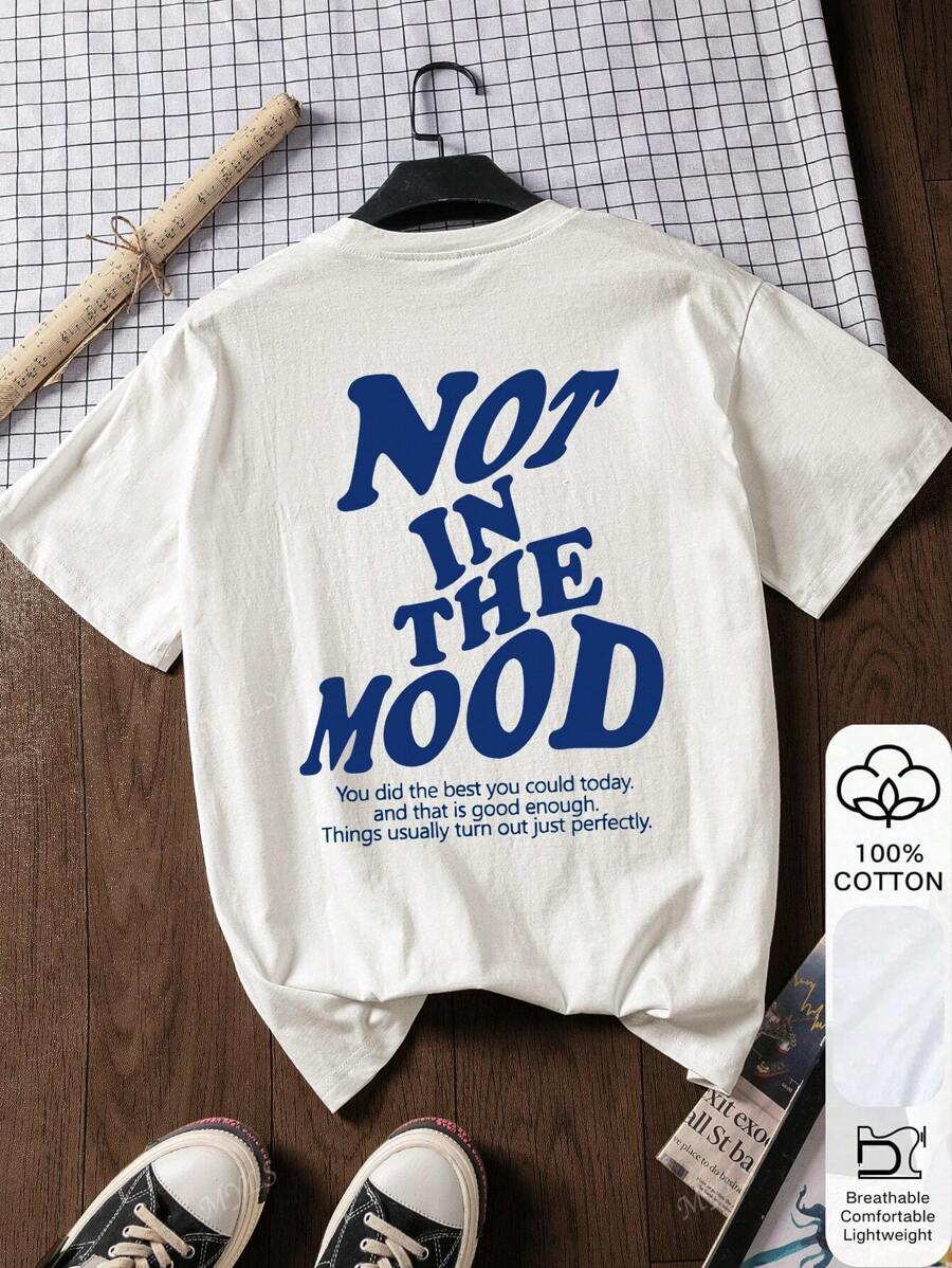 Maglietta ampia da donna per l'estate, stampa con scritta "NOT IN THE MOOD", 100% cotone, maniche corte bianche, maglietta grafica