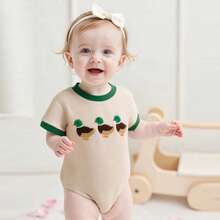 Baby Boys Girls Romper Short Sleeve Crew Neck Duck Embroidery Bodysuit Newborn Playsuit - 杏色 - 查看 6