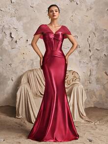 Vintage Muse Göttin Off-Shoulder Mesh-Ärmel Satin Meerjungfrau tailliertes Luxus sexy Weihnachtsparty Maxikleid, Brautjungfernkleid - Bordeaux - Übersicht 4