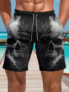 Quần dài đi biển nam in hình đầu lâu, thích hợp cho bơi lội, kỳ nghỉ hè, quần short Hawaii thường ngày, dây rút điều chỉnh, một lớp, nhanh khô. - Nhiều màu - Xem 1