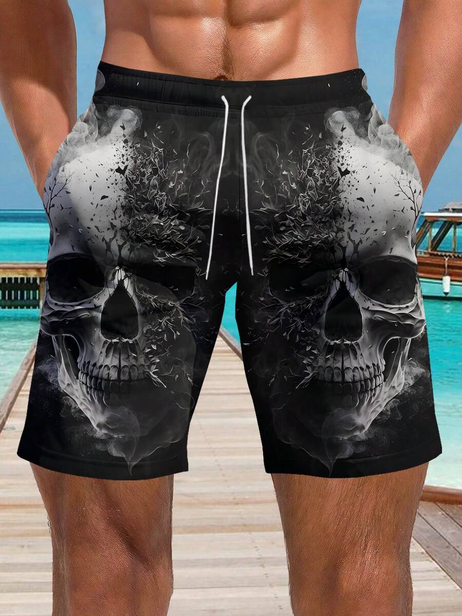 Quần dài đi biển nam in hình đầu lâu, thích hợp cho bơi lội, kỳ nghỉ hè, quần short Hawaii thường ngày, dây rút điều chỉnh, một lớp, nhanh khô. - Nhiều màu - Xem 1