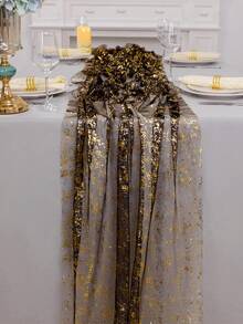 1pc Black Gold Sequin Table Runner,Broken Gold Gauze,Polyester Rectangular Sparkling Tablecloth,Wedding Table Runner,Birthday Babyshower Wedding Party Decoration,Halloween Party Decor,Happy Halloween Decorations For Home,Trick Or Treat Decor - Black Gold - View 8