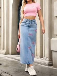 春夏休闲时尚优雅日常旅行机场休闲牛仔蝴蝶刺绣开衩洗水牛仔直筒A字中长牛仔裙 - 藍色 - 查看 5