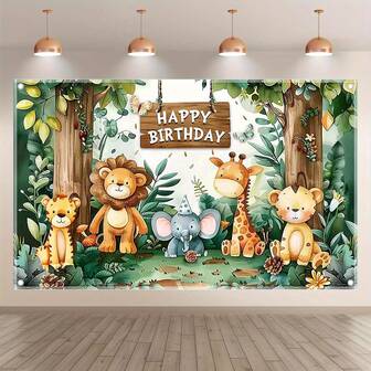 1 st tecknad skogsdjurstema födelsedagsfestbanderoll, presentfest vilda djur tiger lejon elefant giraff björn äventyr tropisk regnskog fjäril nötter födelsedagsfestdekoration fotobakgrund, tvättbar och strykbar