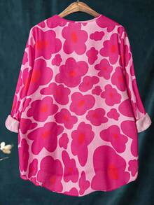 女士休闲抽象花卉印花V领亚麻衬衫 - 玫紅色 - 查看 2