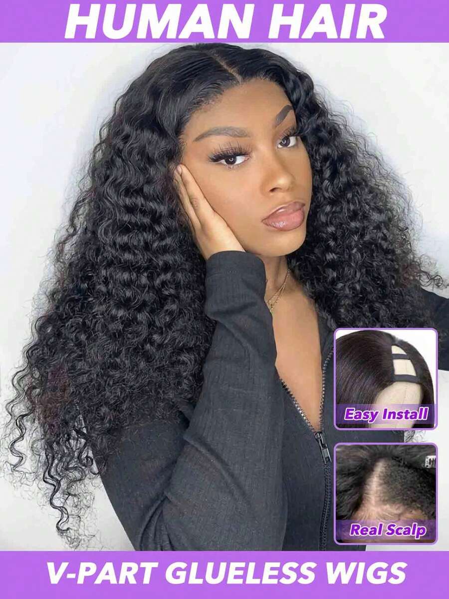 Kinky Curly Human Hair Wigs V Part Wigs Human Hair Wig Real Scalp No Leave Out Upgraded Glueless Wigs 180% Density Wear Go Wigs All Rready Wigs For Women Full Machine Made Can Be Any Style For Use In Daily Party Cosplay 8-34 Inch Natural Black - Natural Black - View 1