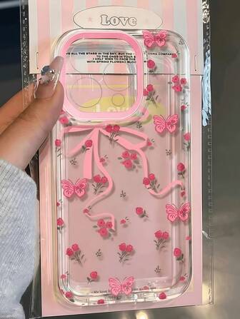 1 pieza Elegante funda protectora de teléfono con diseño de mariposa rosa y estampado floral de rosa compatible con iPhone 15/15 Pro Max/13/11/12/14/Mini y S21/S22/S23/S24/S25 Plus/Ultra a prueba de agua, a prueba de golpes y resistente a arañazos