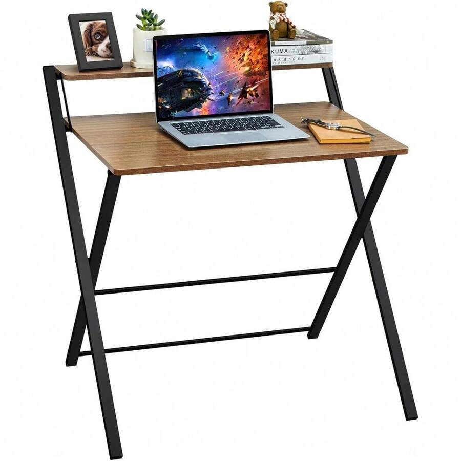 DUSLANG Folding Desk No Assembly Required Small Size, 2-Tier Foldable Computer Desk With Shelf For Home Office, Space Saving Portable Laptop Study Foldable Table For Small Spaces (Walnut, 70 X 56 Cm) - Walnut - View 1