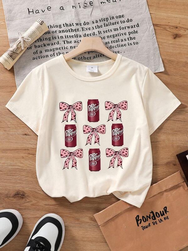 Young Girls Cola Drink Bow Pattern Print Short Sleeve T-Shirt, Summer Outfit