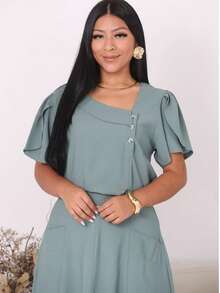 Set Of Midi A-Line Skirt With Pockets And Front Slit Short Blouse With Buttons Simple Casual Elegant Pocket Wedding Beach - Mint Green - View 3