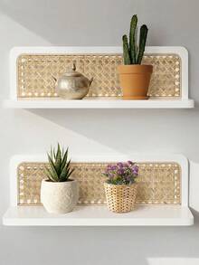 Rattan Floating Shelves,Set Of 2, Boho Cane Webbing Wall Shelves Farmhouse Display Storage Organizer White Bookshelves Wicker Room Decor For Living Room Bedroom Entryway Hallway Bathroom - 白色 - 查看 1