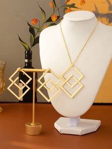 Set de collar y aretes con 3 piezas, con colgante hueco cuadrado geométrico, joyería vintage exagerada para mujeres - Amarillo Oro - Ver 2