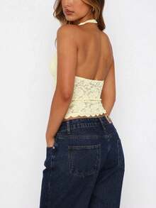 Women Lace Halter Tank Tops Y2K Floral Lace Sleeveless Deep V Neck Ruffle Hem Low Cut Sheer Mesh Crop Top Sexy See Through Backless Vest Shirts Summer Going Out Tops Party Club Streetwear - 黃色 - 查看 2
