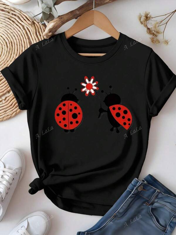 Normale dames plus size effen ronde hals insectenkever bedrukt korte mouwen ronde hals t-shirt grafische T-shirts dames tops