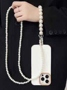1 件双链白色仿珍珠可拆卸长款斜挎手机链带