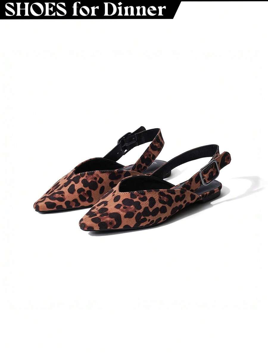 Women's Black Brown Leopard Slingback Flats – Pointed Toe Faux Leather Flats With Adjustable Strap - LEOFS (BÒ) - Xem 1