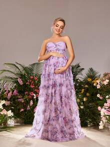 Faeriesty Dressalisa 优雅孕妇吊带褶饰紧身胸衣花卉贴花网眼超大薄纱裙连衣裙，适合夏春场合（婚礼嘉宾、正式晚宴、花园派对、孕妇写真、晚会） - 淡紫色 - 查看 1