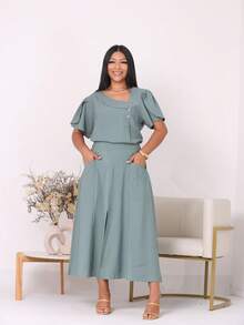Set Of Midi A-Line Skirt With Pockets And Front Slit Short Blouse With Buttons Simple Casual Elegant Pocket Wedding Beach - Mint Green - View 2