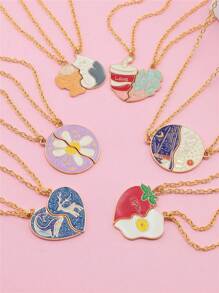 2 pièces Meilleur ami Ensemble de collier en forme de cœur, pendentif de dessin animé mignon Bijoux d'amitié Cadeau pour les filles