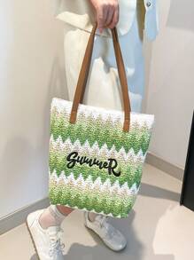 New Straw Woven Bag, Women's Large Capacity Shopping Tote Bag, Striped Letter Beach Bag, Embroidery Leisure Travel Lightweight Handbag