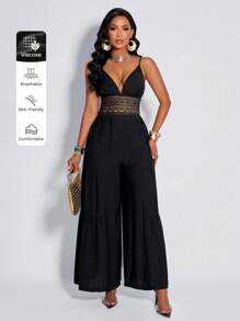 Mono ancho de mujer Amarilo de unicolor, sexy y elegante, con tirantes de encaje