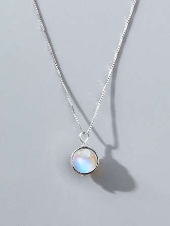 Esberry 1 pieza 7,5-8 MM Collar con colgante vintage de bisel de piedra lunar azul de forma redonda, joyería para mujer S925 Plata de ley Joyería fina blanca Ropa diaria Regalos de moda