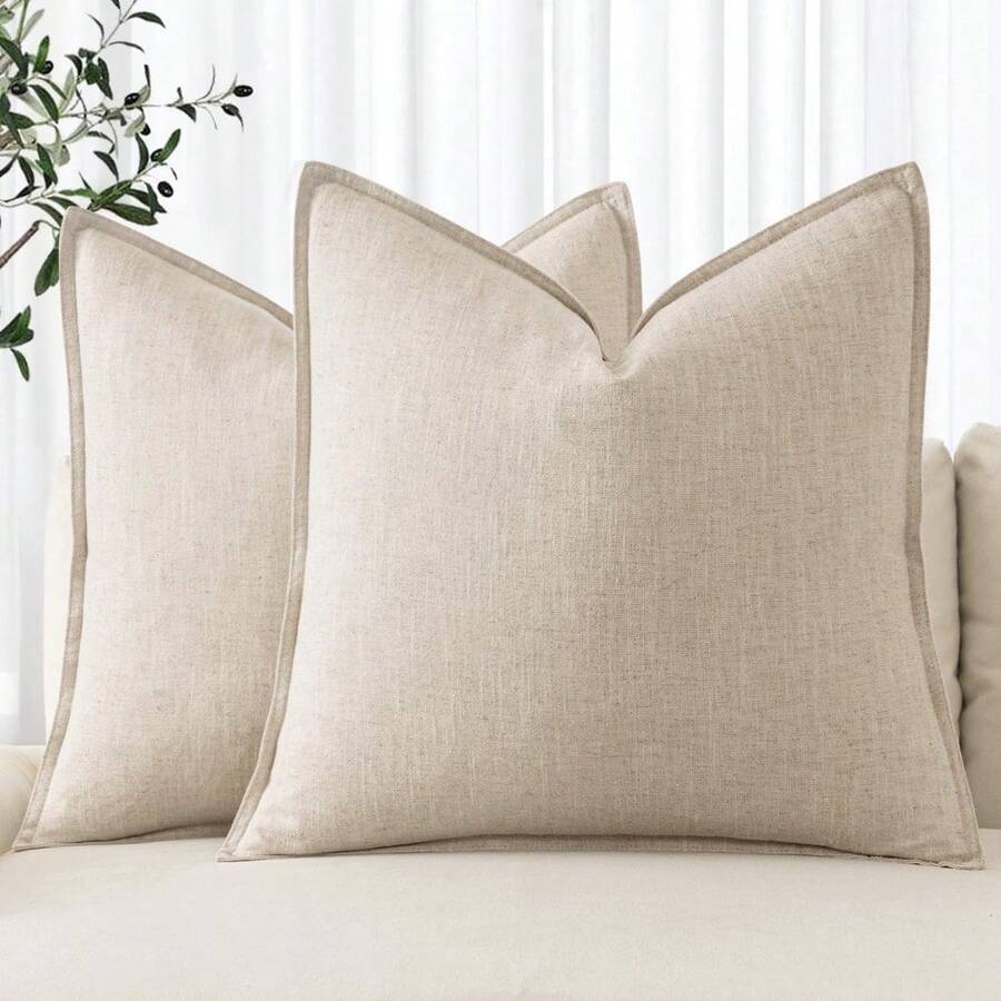 Local Delivery- Decorative Linen Pillow Covers 18x18 Inch Natural Beige Boho Farmhouse Neutral Couch Throw Pillows For Bed Pack Of 2 Accent Outdoor Pillowcase Modern Sofa Cushion Livingroom Home Decor - 自然米色 - 查看 1