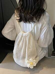 Woven Drawstring Backpack For Women, Simple & Fashion Handbag, Beige Crochet Sling Bag With Open Design, New Minimalist Hollow Knitted Drawstring Backpack, Bohemian Crochet Tote Bag - Stylish Summer Beach Shoulder Bag, Suitable For Casual Outings And Relaxation, Beach Bag For Beach And Casual Wear, Beach Essential, School Backpack