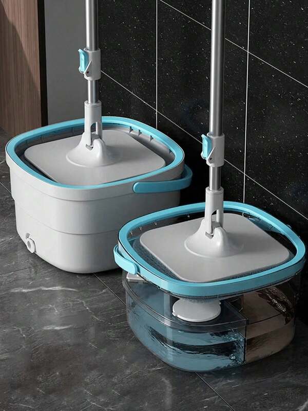 Set de cubo y trapeador giratorio para el hogar, con separación de agua sucia, trapeador giratorio para el hogar, lavado manos libres, trapeador de polvo, uso en seco y húmedo, muy adecuado para el hogar, cocina, baño, suministros de limpieza, herramientas de limpieza, útiles escolares, trapeadores, herramientas de limpieza de pisos, fácil de drenar y exprimir, trapeador giratorio de 360° para limpieza de pisos en el hogar, escobas, utensilios de limpieza doméstica