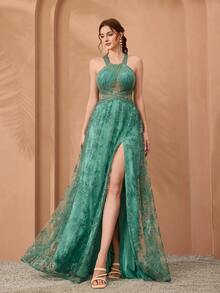 Anpoket 荷叶边细肩带 V 领刺绣透视蕾丝喇叭下摆礼服 - 薄荷綠 - 查看 1