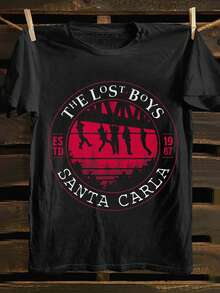Camiseta gráfica estilo vintage "Los niños perdidos", camiseta de cuello redondo 100% algodón, top de tejido de punto de manga corta, ropa casual para adultos en todas las estaciones - Negro - Ver 2