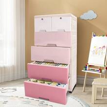 CNCEST Modern 6-Drawer Plastic Storage Cabinet Dresser Organizer | Sturdy Closet Drawers With Locks & Wheels | Tall Dresser Organizer For Bedroom, Kids Room (Gradient Blue/White/Gradient Pink) - 粉紅和白色 - 查看 1