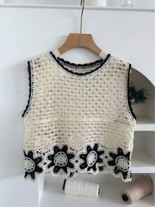 Women's Fashion Black & White Vintage French Hollow Out Casual Jacquard Knit Vest