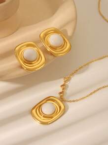 Juego de 3 piezas de collar colgante de acero inoxidable con baño de oro de 18 quilates, piedra de ojo de gato verde y forma geométrica de rombo, joyería de estilo europeo y americano de moda adecuada para regalo de mujer para fiesta y cumpleaños
