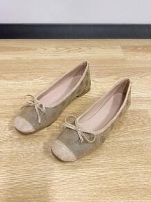 Bailarinas de mujer, zapatos con punta cuadrada de moda, suela blanda deslizante, zapatos planos versátiles, bailarinas con lazo de color flor de durazno para mujeres, talla grande