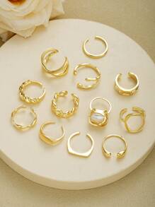 12pcs Exaggerated Luxurious Hollow Pearl Design Gold-Color Ring Set, For Ladies Everyday, Party, Wedding Wear, Fashion Jewelry Gift For Girlfriends