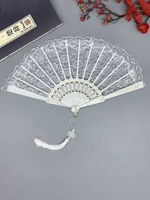 1 件优雅复古中式黑色蕾丝折叠手扇，洛丽塔汉服旗袍摄影道具带流苏
