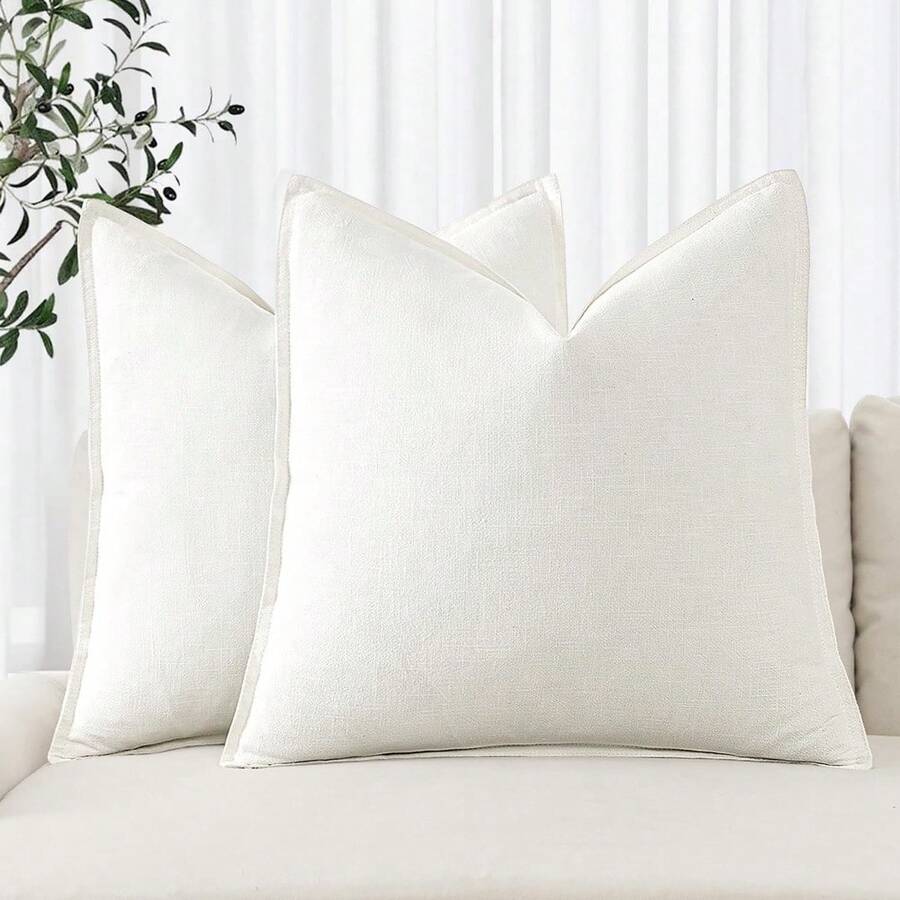 Local Delivery- Decorative Linen Pillow Covers 18x18 Inch Natural Beige Boho Farmhouse Neutral Couch Throw Pillows For Bed Pack Of 2 Accent Outdoor Pillowcase Modern Sofa Cushion Livingroom Home Decor - Cream White - 查看 1