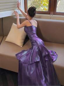 Shiny Ruched Flounce Hem Party Dress, Elegant Iridescent Spaghetti Strap Concert Outfit, Fashionable Wedding Bridesmaid Formal Birthday Back To School Dress, Summer Autumn - Purple - View 5