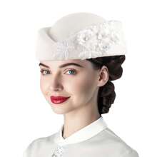 1pc Vintage European British Wool Felt Headdress Hat, Women's Church Derby Headpiece With Floral Decoration, Soft Beret Cap, High-End Stewardess Hat Suitable For Cosplay, Theme Party, Online Influencer Props