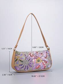 Sequin Embroidered Floral Baguette Bag For Women, Fashionable And Versatile. Sequin Patchwork Underarm Bag, Color-Blocking Embroidered Zipper Shoulder Bag, (Pattern Random) - Multicolor - View 4