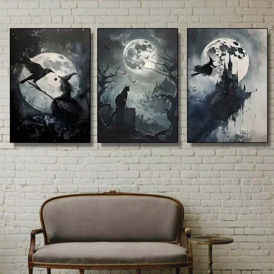 3pcs Dark Ghost Painting, Full Moon, Halloween Decorative Wall Arts Canvas Posters, Black Cat, Crow, Witch, Gothic Art HD Printing Optional Frame, Living Room, Bedroom Home Decoration Hanging Painting Room Decor - Multicolor - View 1