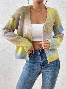 Color Block Ombre Knitted Cardigan For Women, New Style High-End Slim-Fit Minimalist Casual Jacket, Versatile